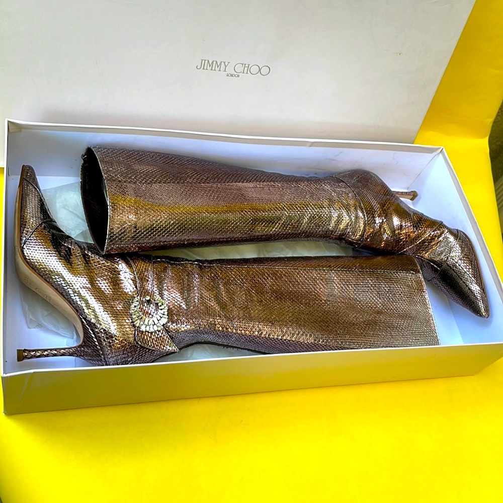 Bronze Jimmy Choo watersnake skin/leather boots in original box - Picture 3 of 16